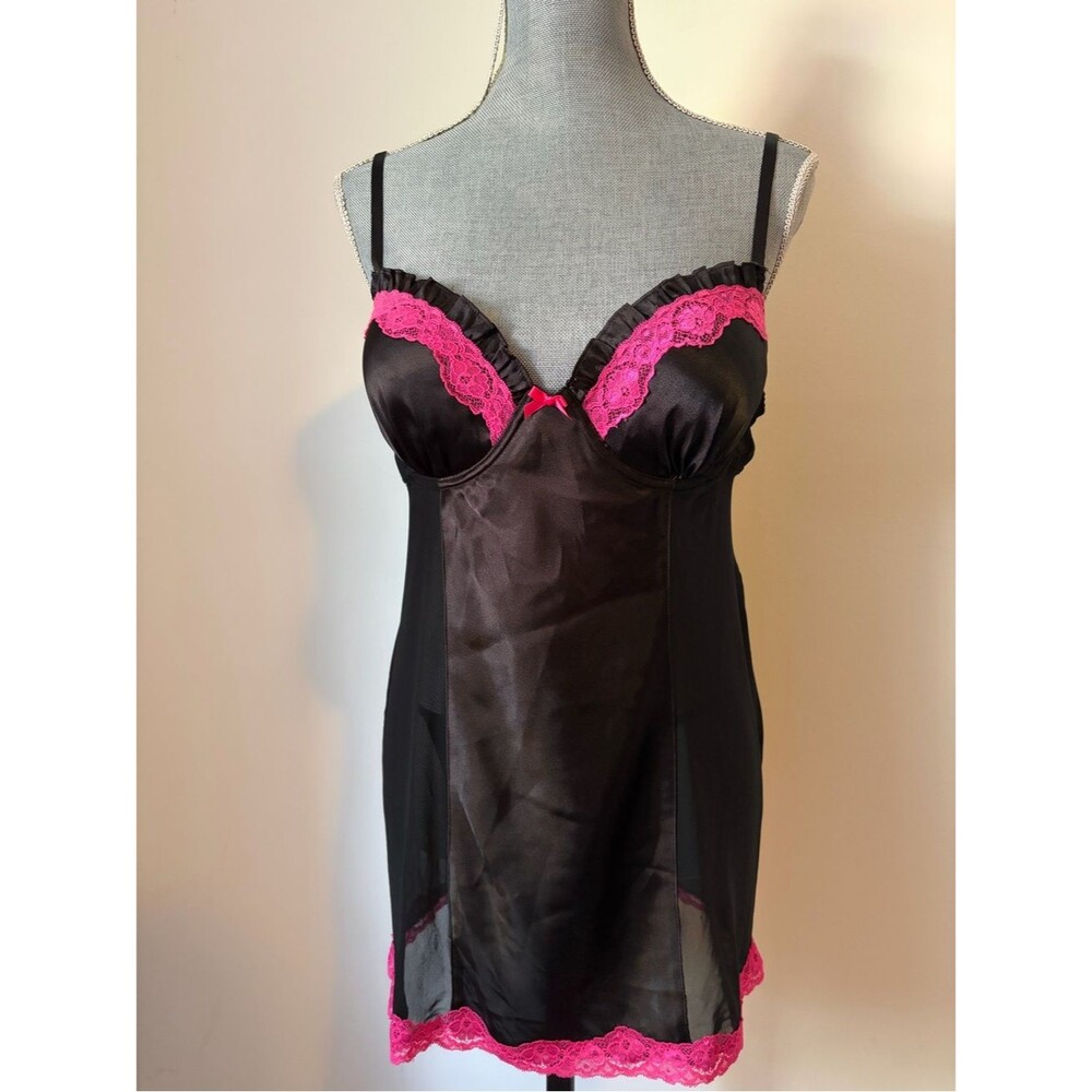 Apt. 9 Black and Hot Pink Lace-Trim Satin Babydoll Chemise Underwire Lingerie